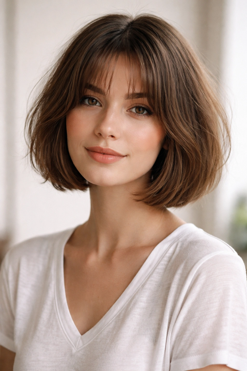 Chin-length French bob with middle-part curtain bangs opening the forehead