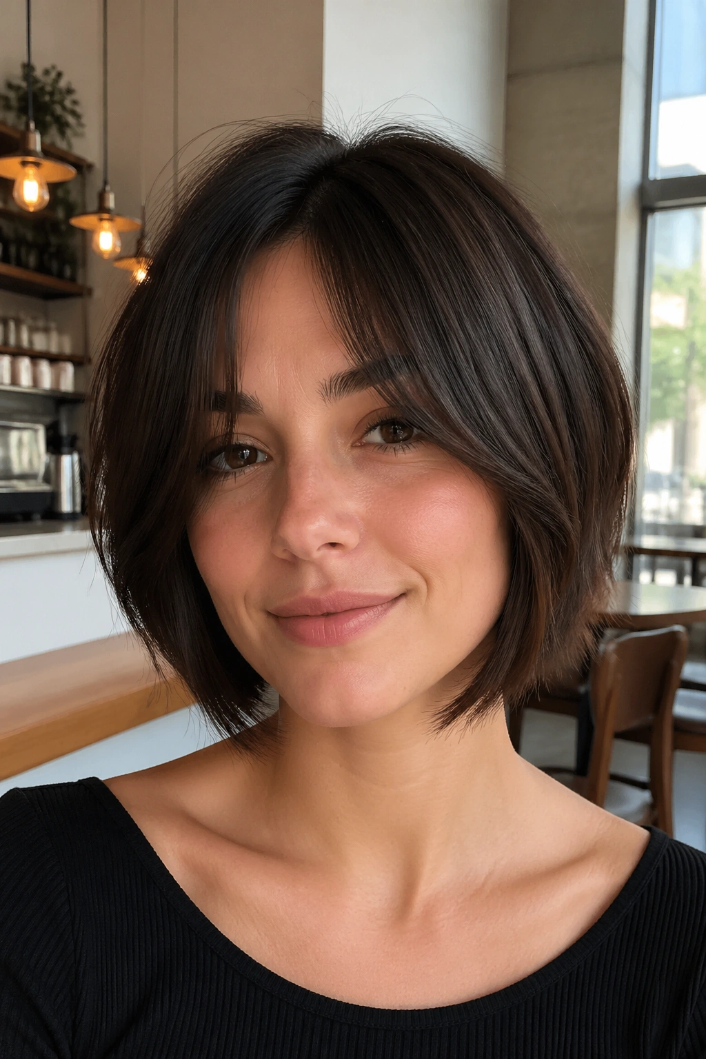 Close-up of a real woman with curtain-bang inverted bob in a sunny cafe.