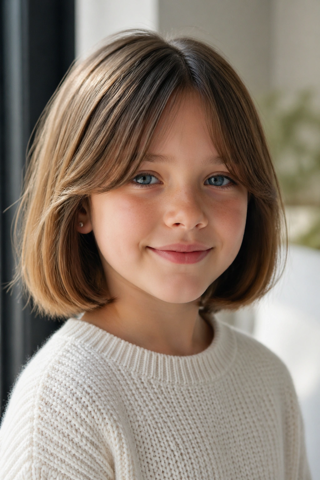 Real child with curtain bang bob by window light