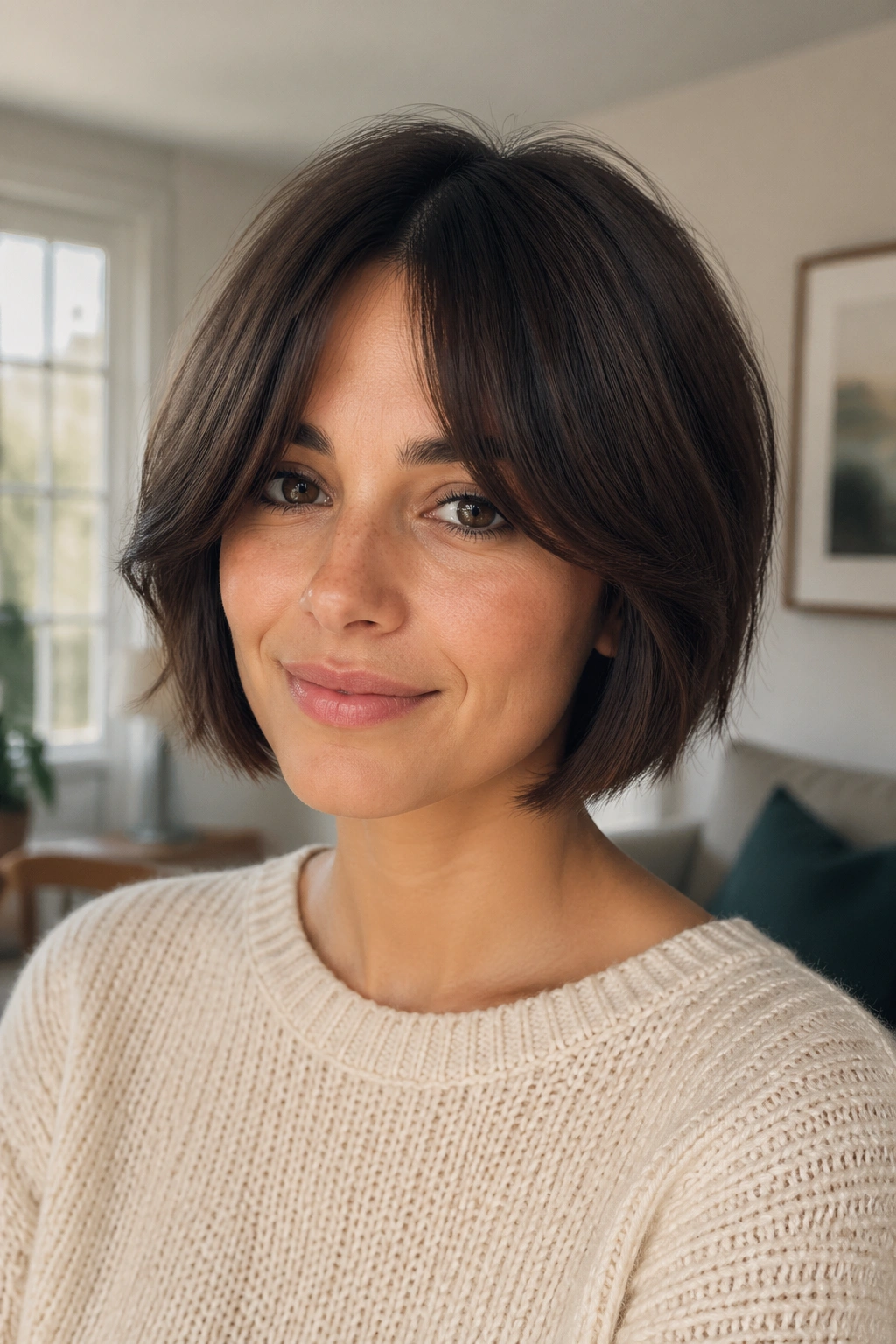 Real woman with curtain bangs opening at the cheeks and a jaw-length bob.
