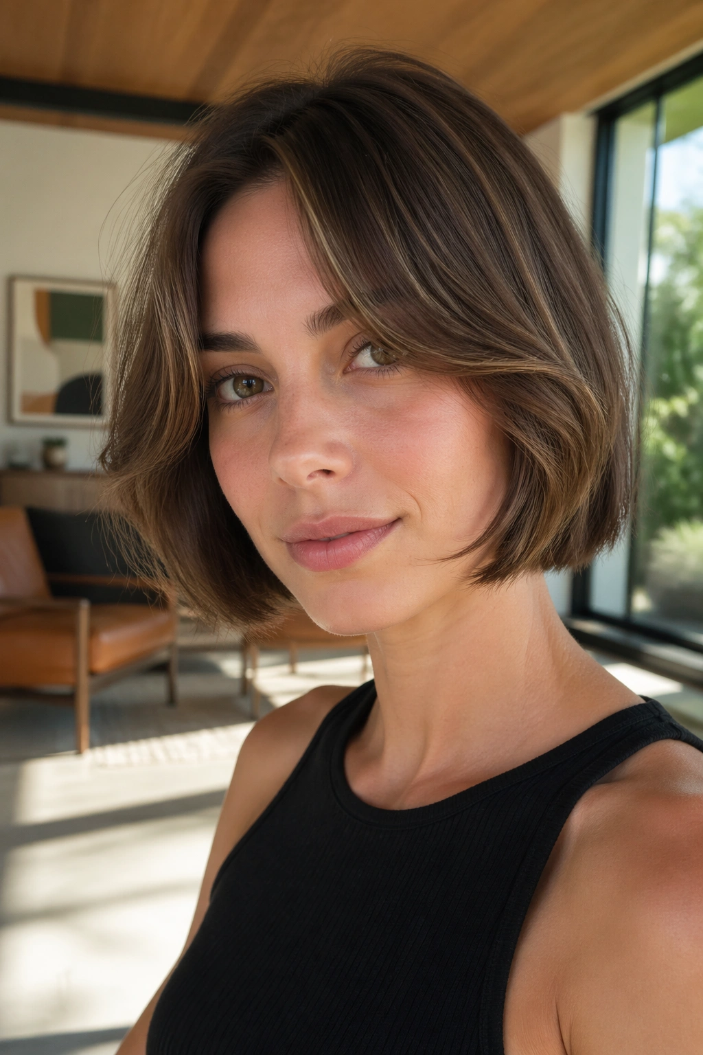 Close-up portrait of a woman with curtain bangs in a bob with middle part