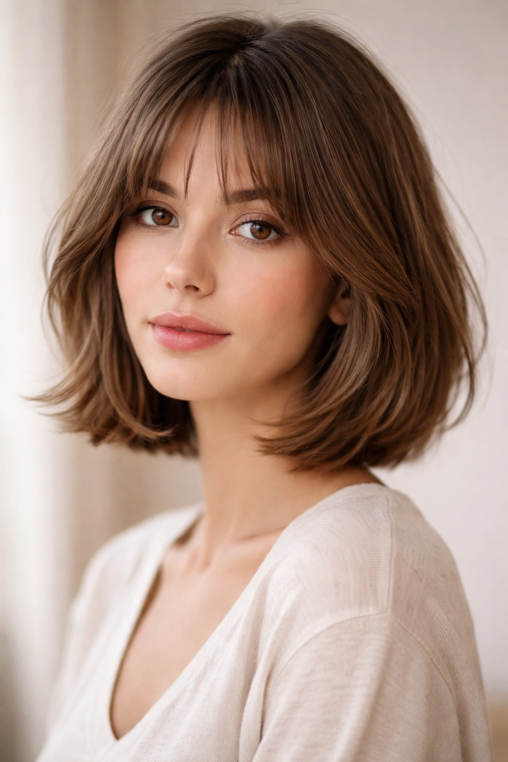 Bob with curtain bangs softly framing eyes