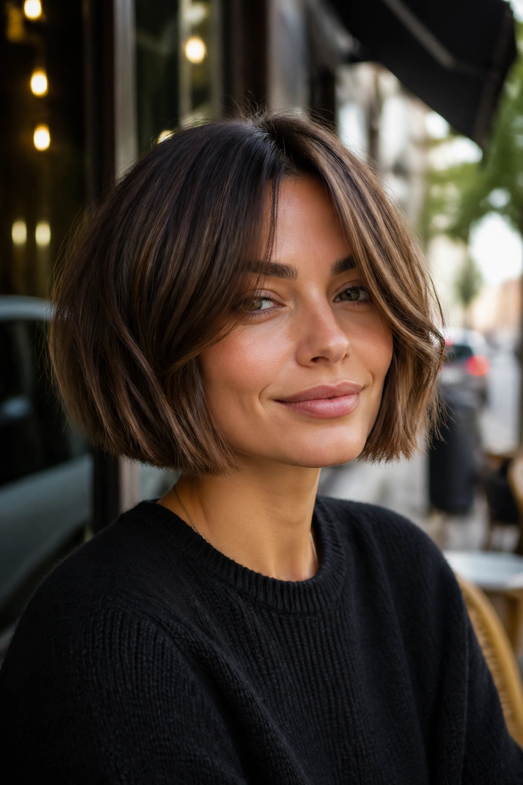 Close-up of a real person with curtain bangs and a bob in an urban setting.