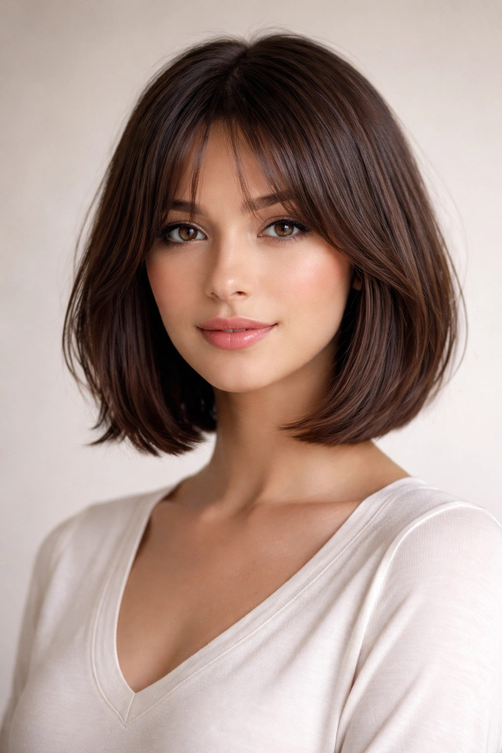 Bob with curtain bangs in a studio portrait showing center-part fringe and blended sides