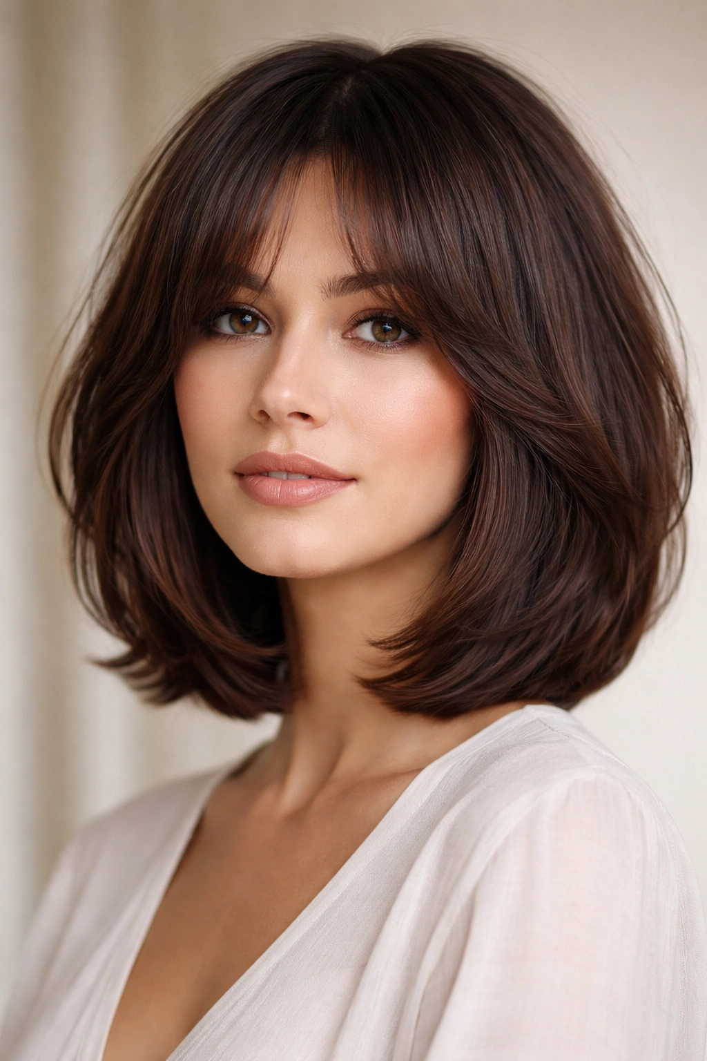 Close-up of a thick-hair bob with curtain bangs and cheekbone-length layers, emphasizing movement.