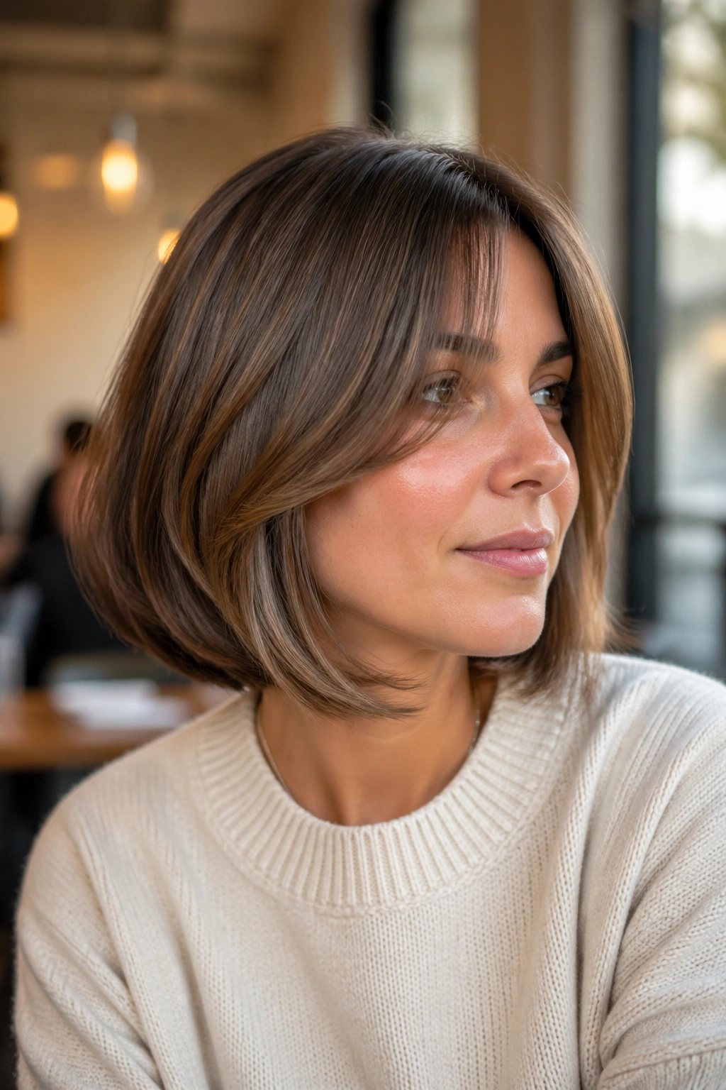 Real woman with curtain bangs concave bob in cafe lighting