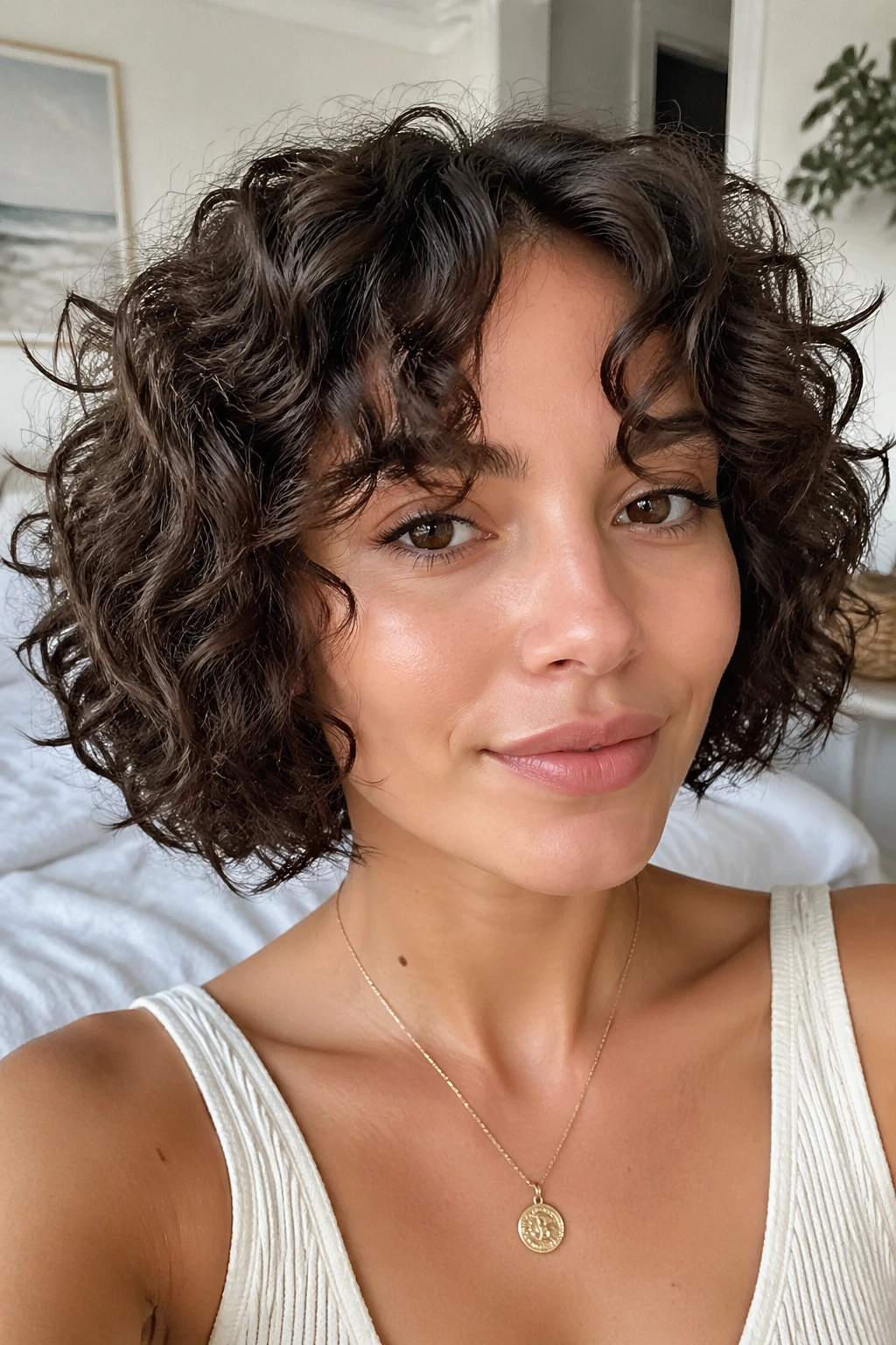 Close-up portrait of a real woman with curtain bangs curling into a curly bob.