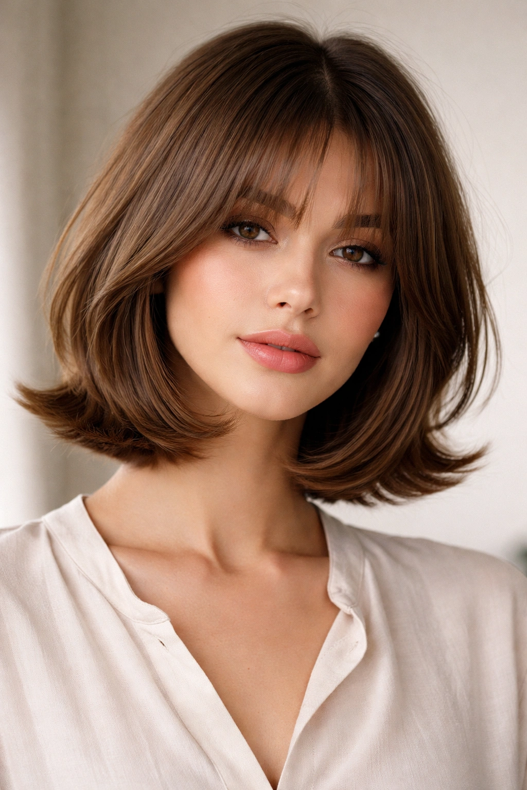 Flipped bob with curtain bangs framing the face and outward ends.