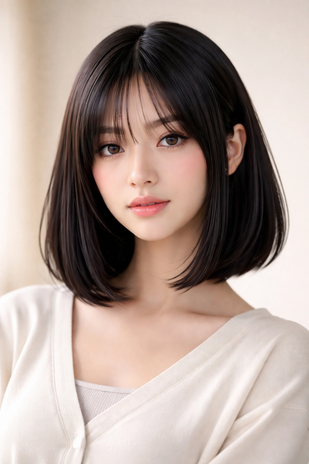 Curtain bangs hime cut bob with center-parted fringe.