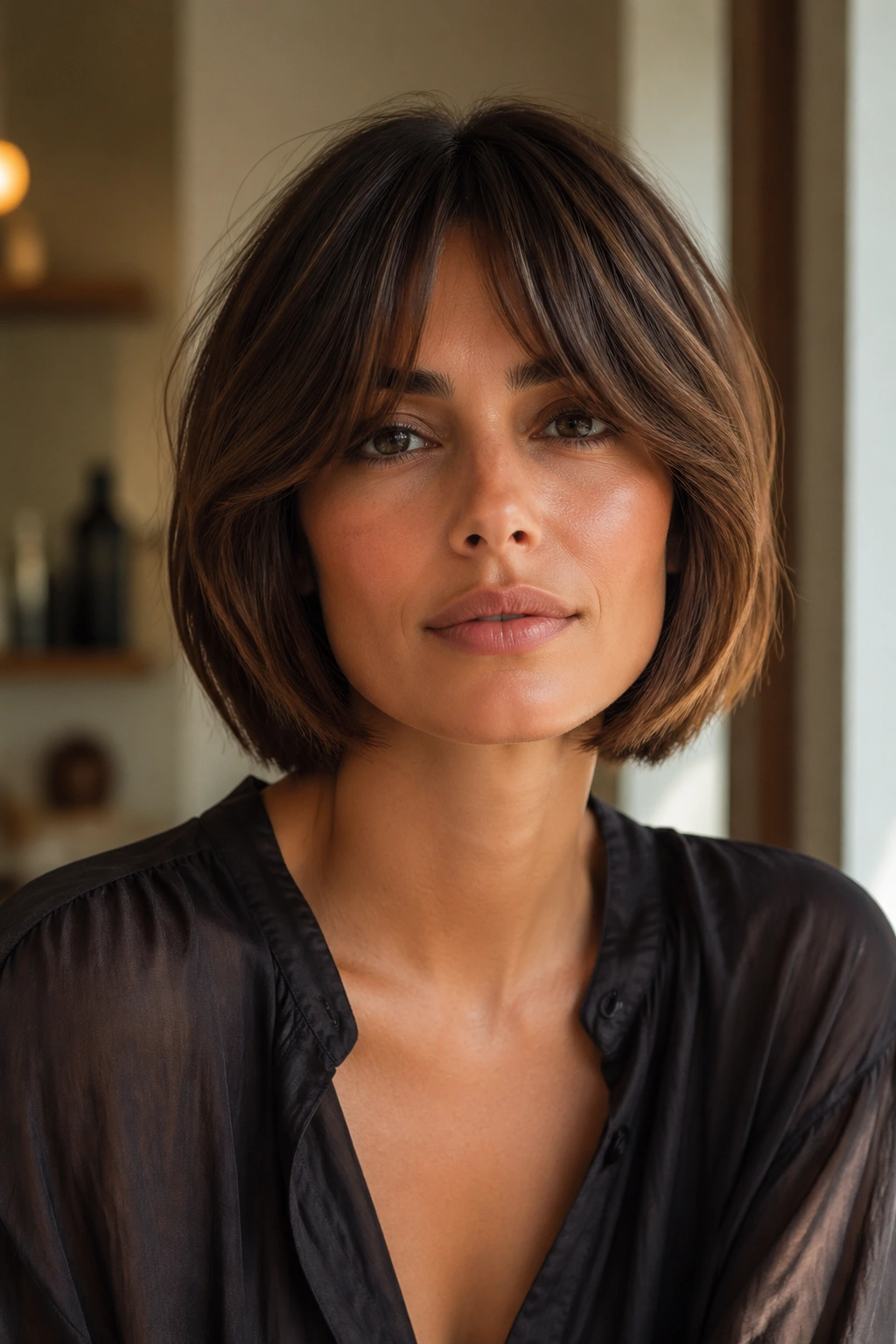 Close-up of real woman with curtain bangs integrated into Italian bob