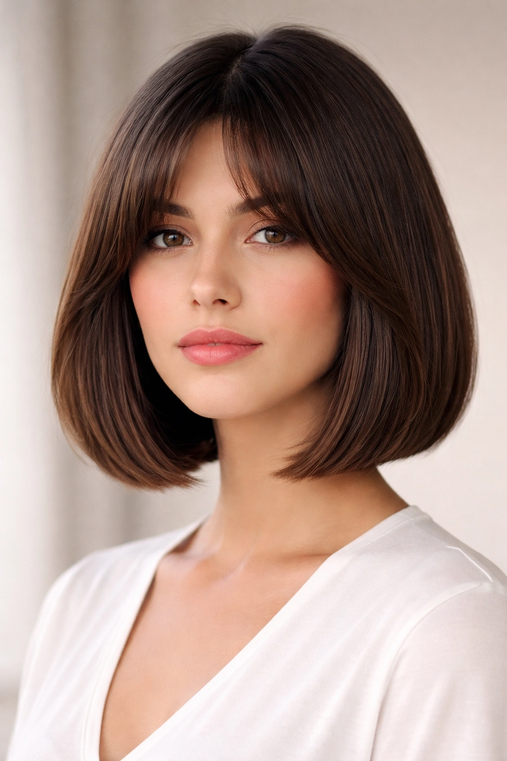 Portrait of a precision bob with curtain bangs starting near the cheekbone