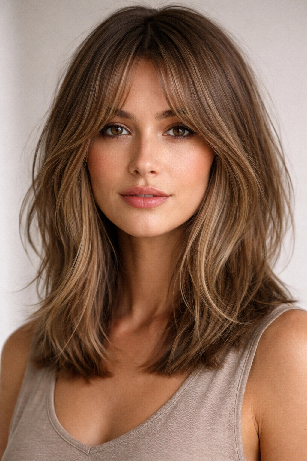 Portrait of a person with curtain bangs on a razor lob.