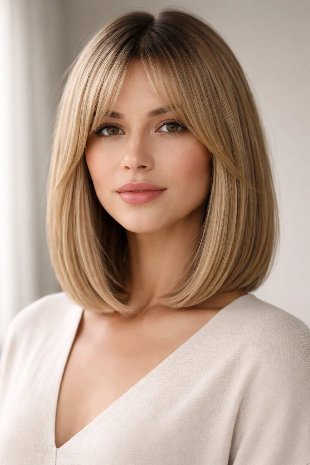 Bob with curtain bangs and straight lengths framing the face