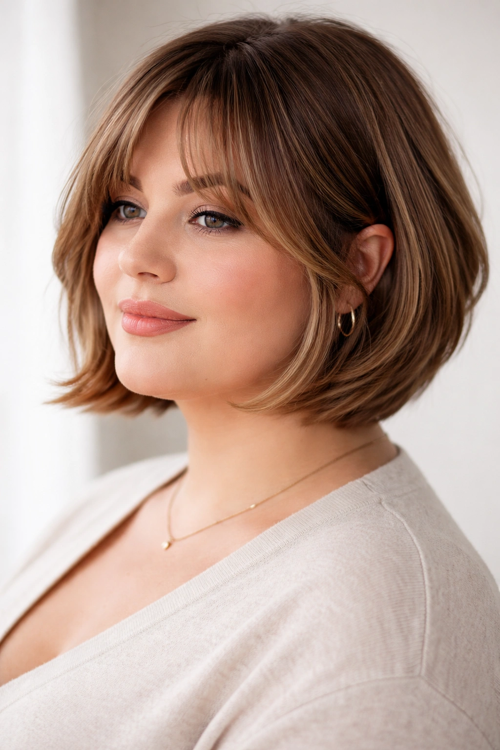 Bob with curtain bangs and tapered sides that soften the jaw.
