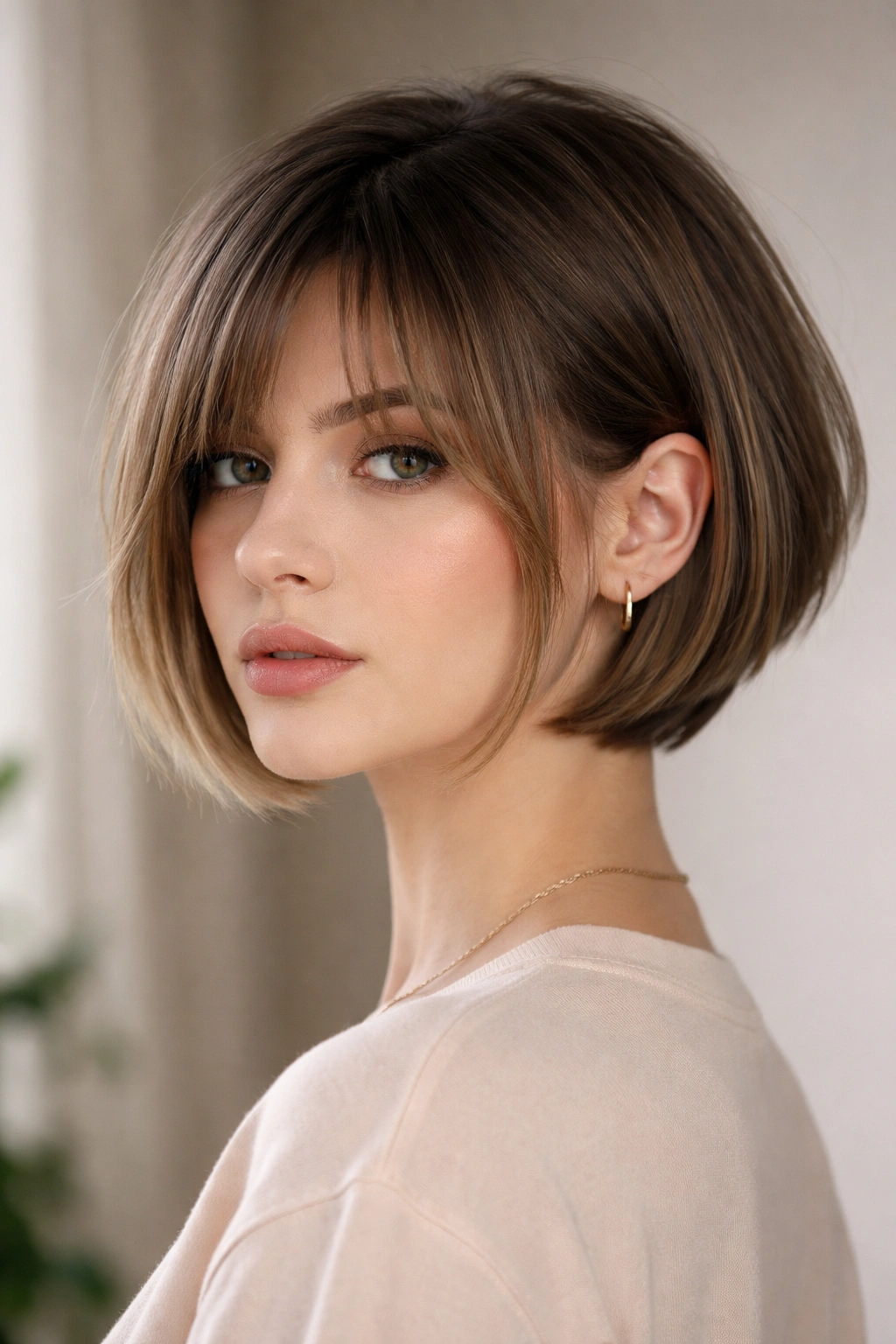 Bob with curtain bangs and undercut showcasing soft fringe and neck space