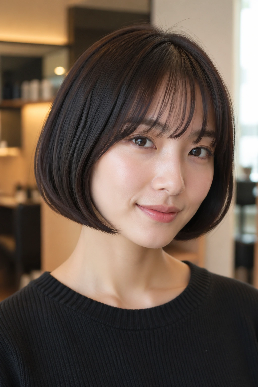 Real person with curved chin-length bob and brow-grazing bangs under warm salon lighting.