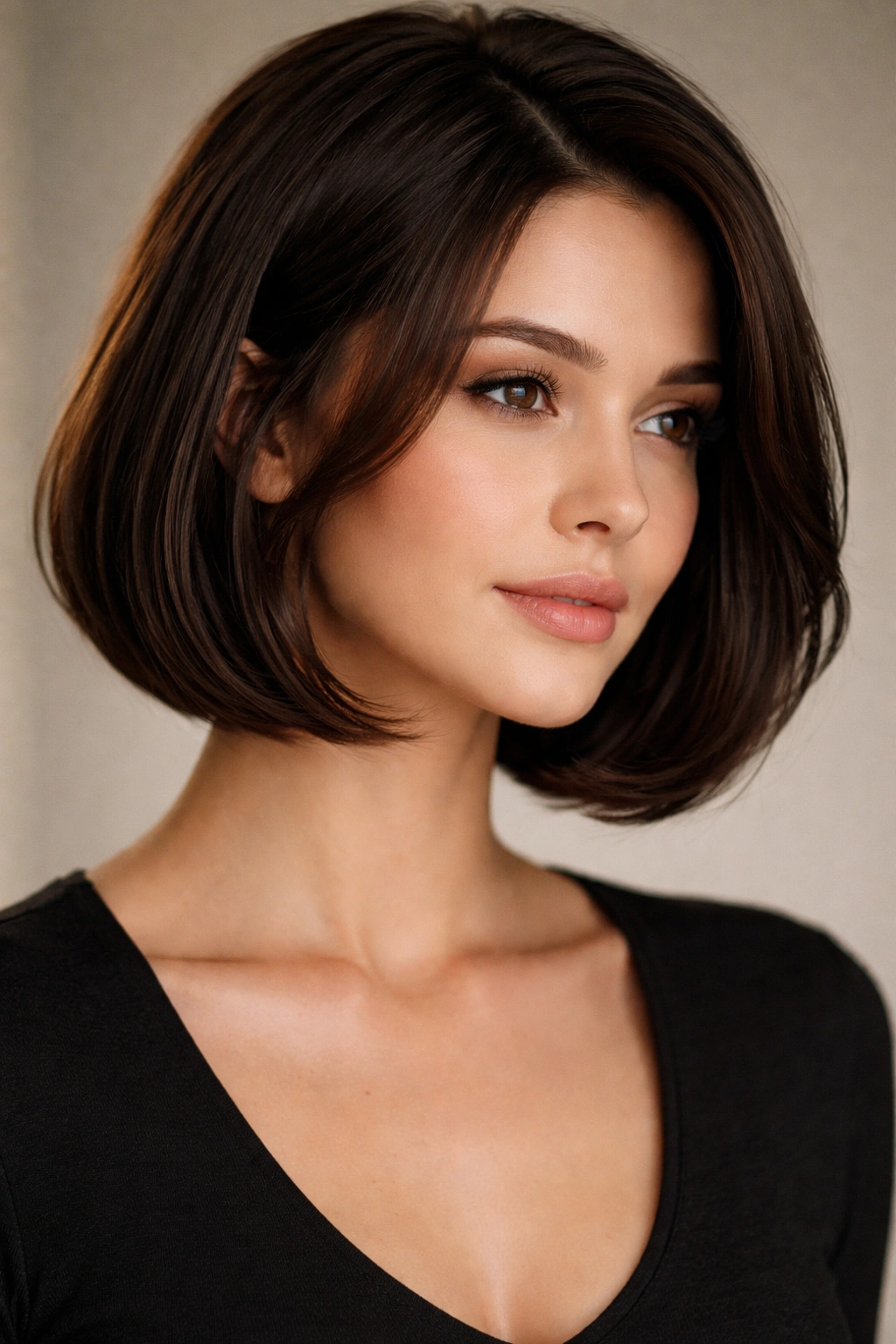 Curved bob with face-framing pieces in dark brown hair