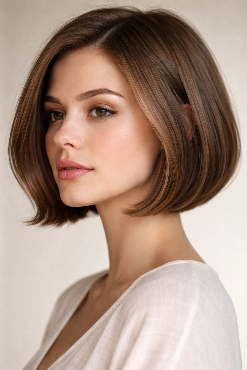 Close-up of curved chin-length bob hugging the jawline with soft ends