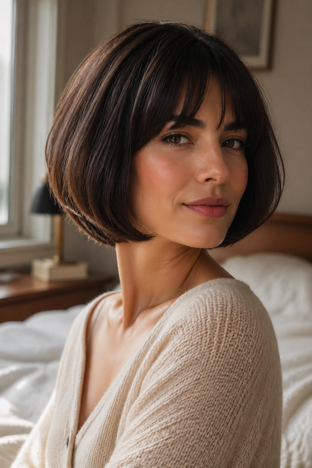 Close-up of a real woman with a curved bob hugging the jaw in warm window light