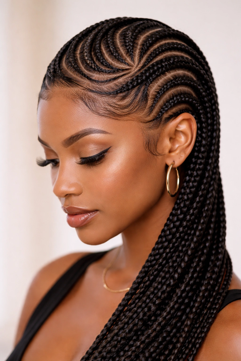 Close-up of curved cornrows forming wave patterns across the scalp