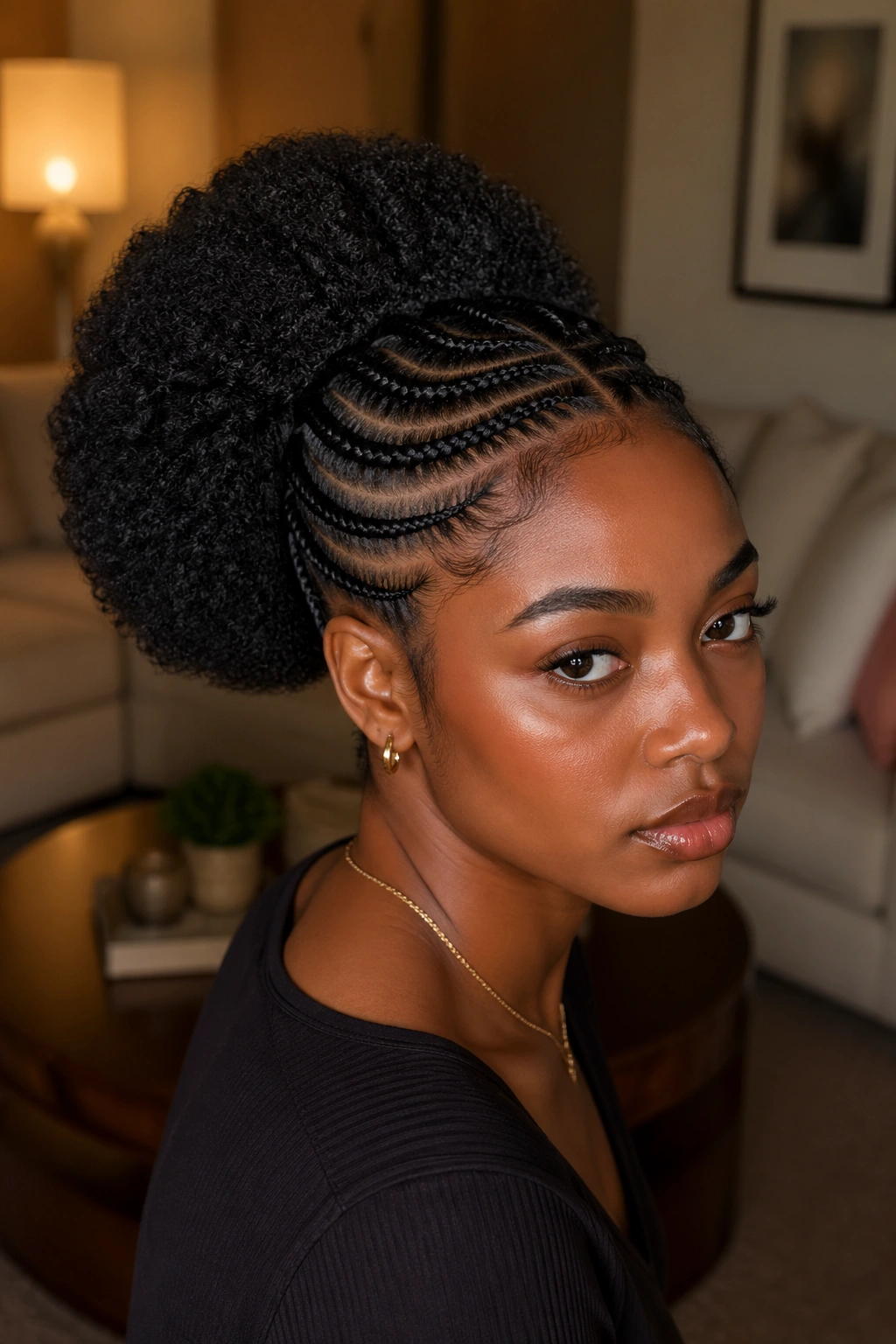 Woman with curved crown cornrows and full puff