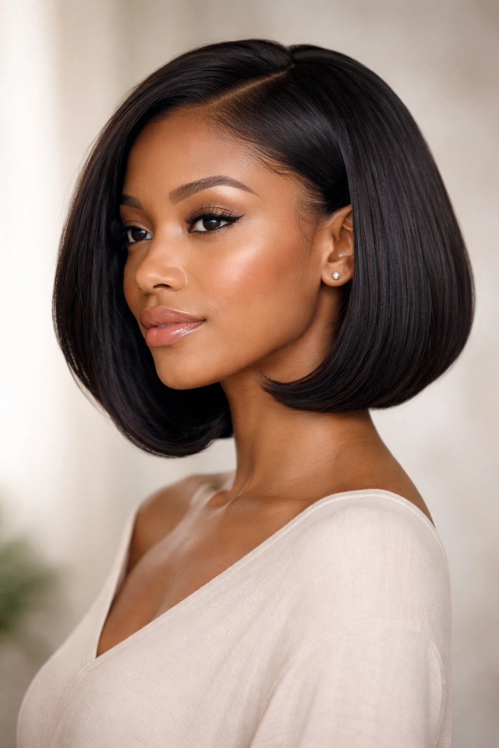 Close-up of curved-in C-bob hairstyle on relaxed hair showing a soft inward curve and under-bent ends