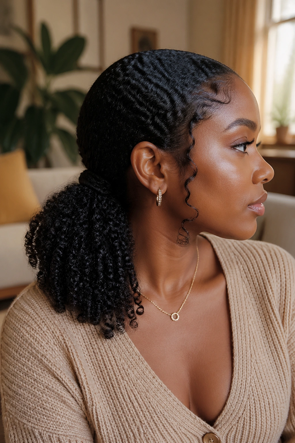 Close-up of a real woman with a curved low ponytail under warm daylight