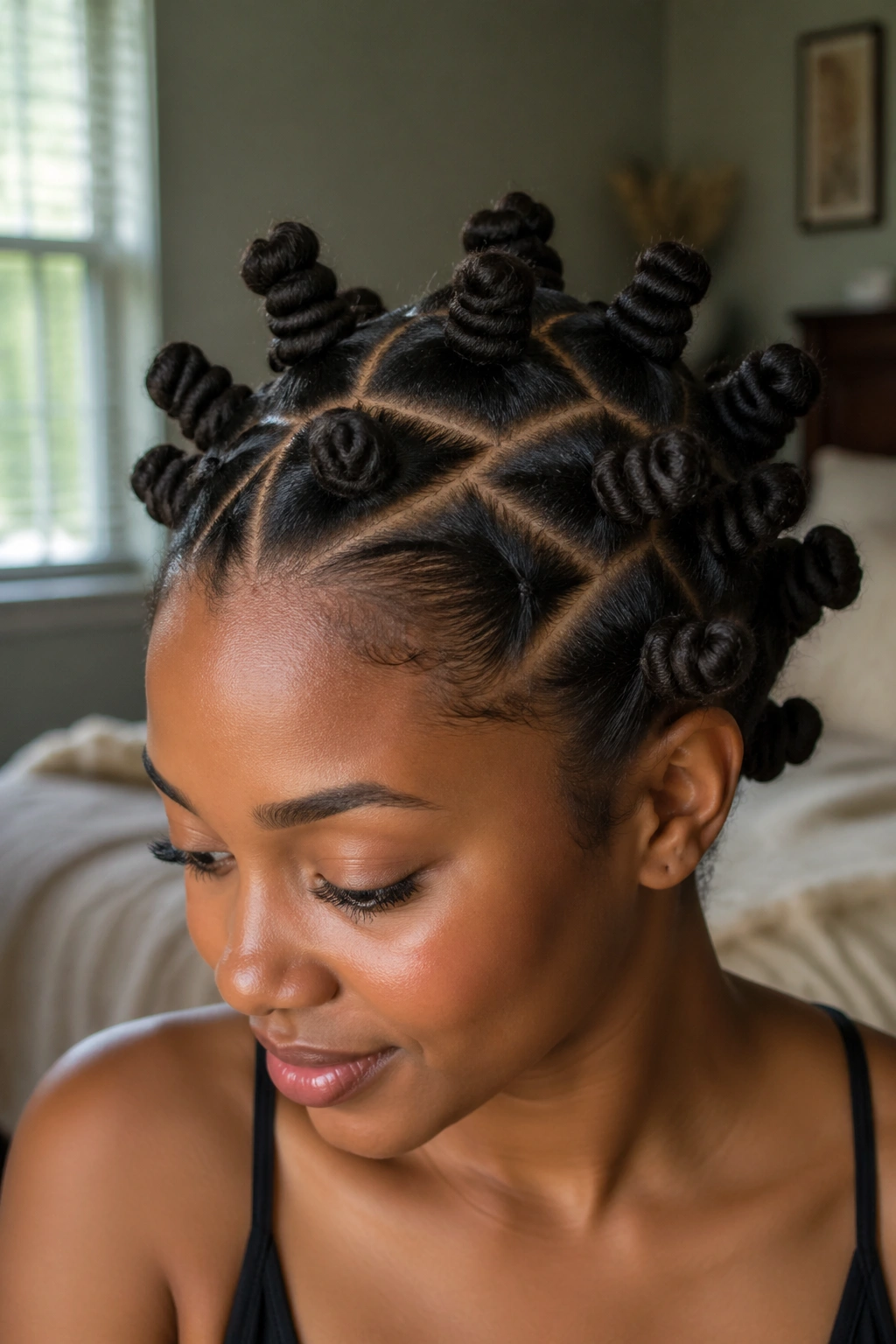 Close-up of curved parts hairstyle on a real woman with curved parting across the crown