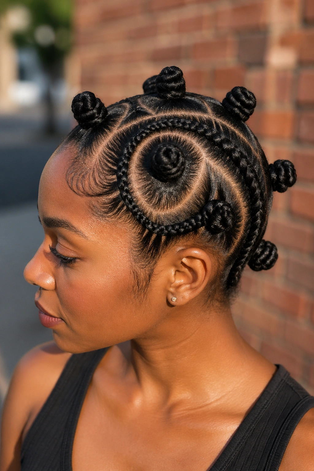 Curved parting with seven small knots on a real person, sunny street backdrop.