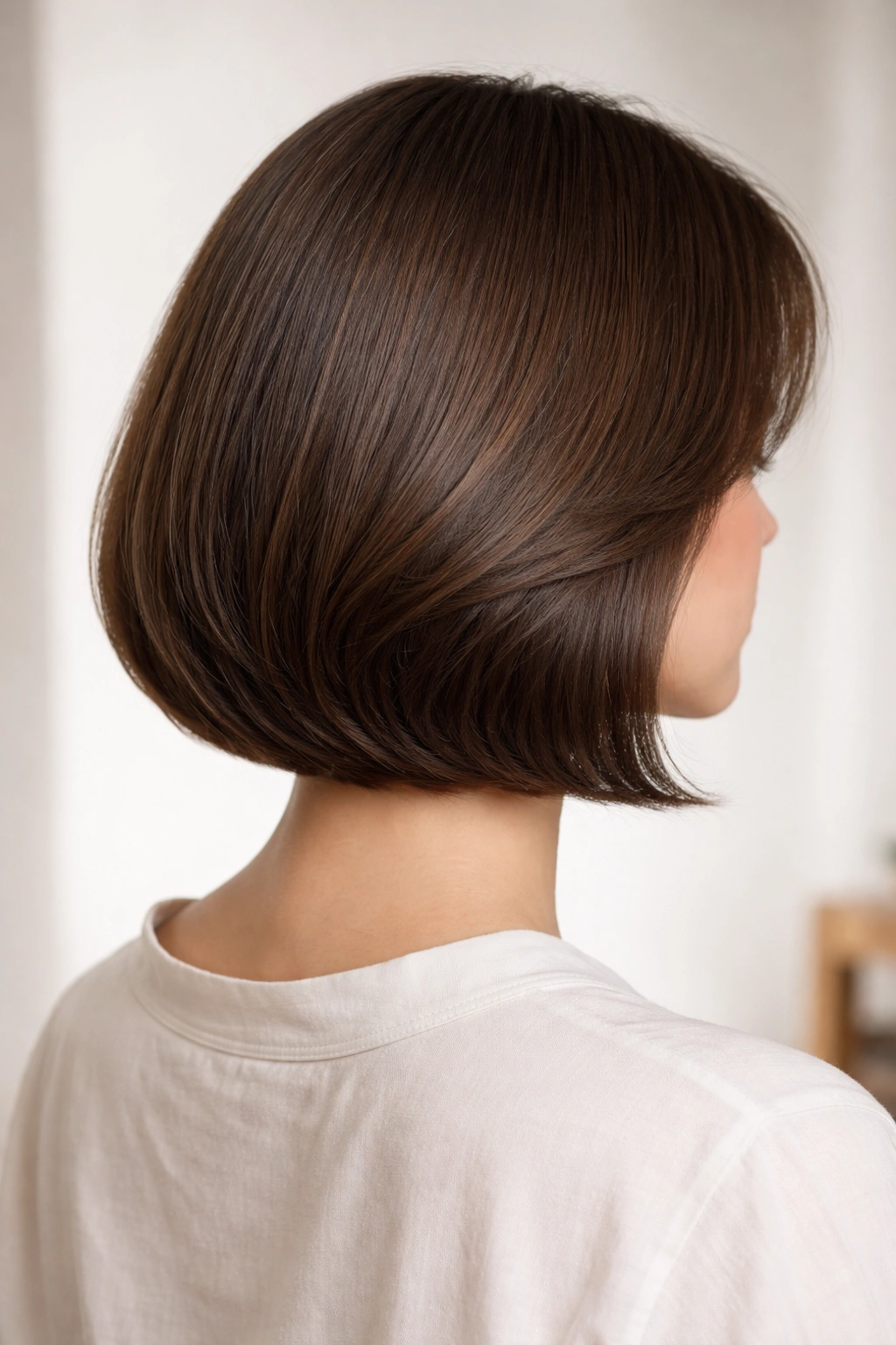 Curved-under bob with inward-curved ends and rounded silhouette near the neck