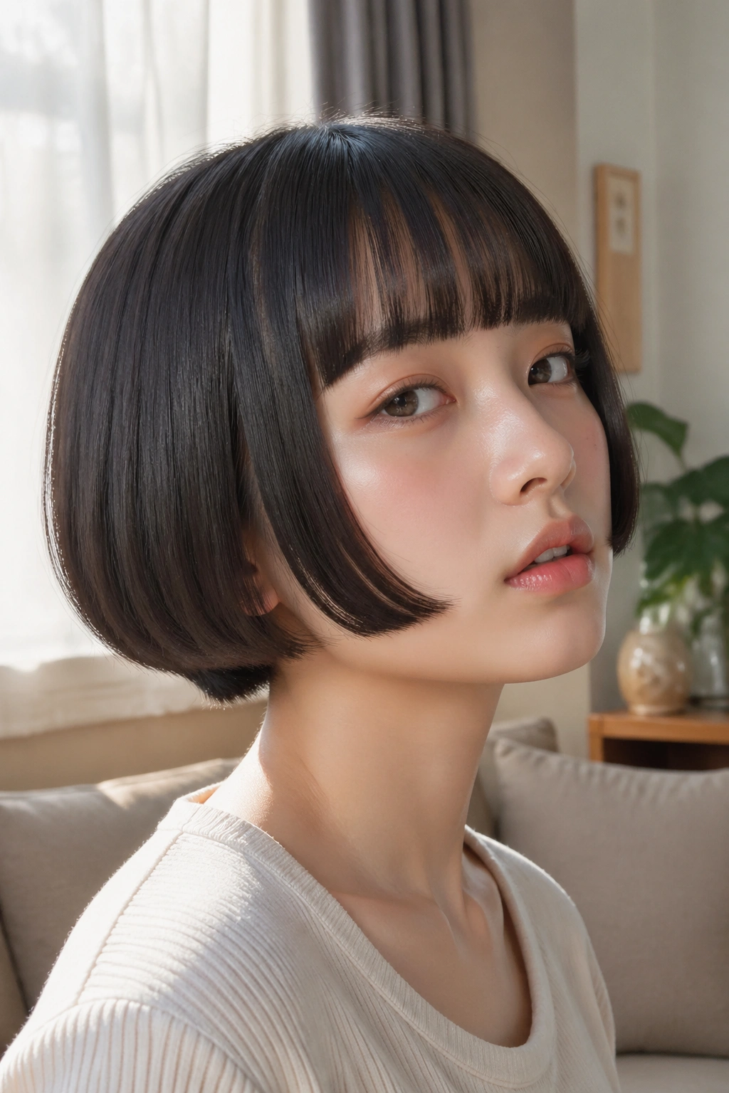 Close-up portrait of a real woman with Curved-Under Hime Cut Bob showing inward-curved ends along the jawline, warm window light.