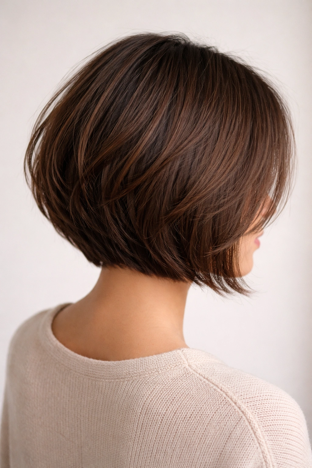Back and side view of a debulked bob on thick hair with inner layers and a defined perimeter.