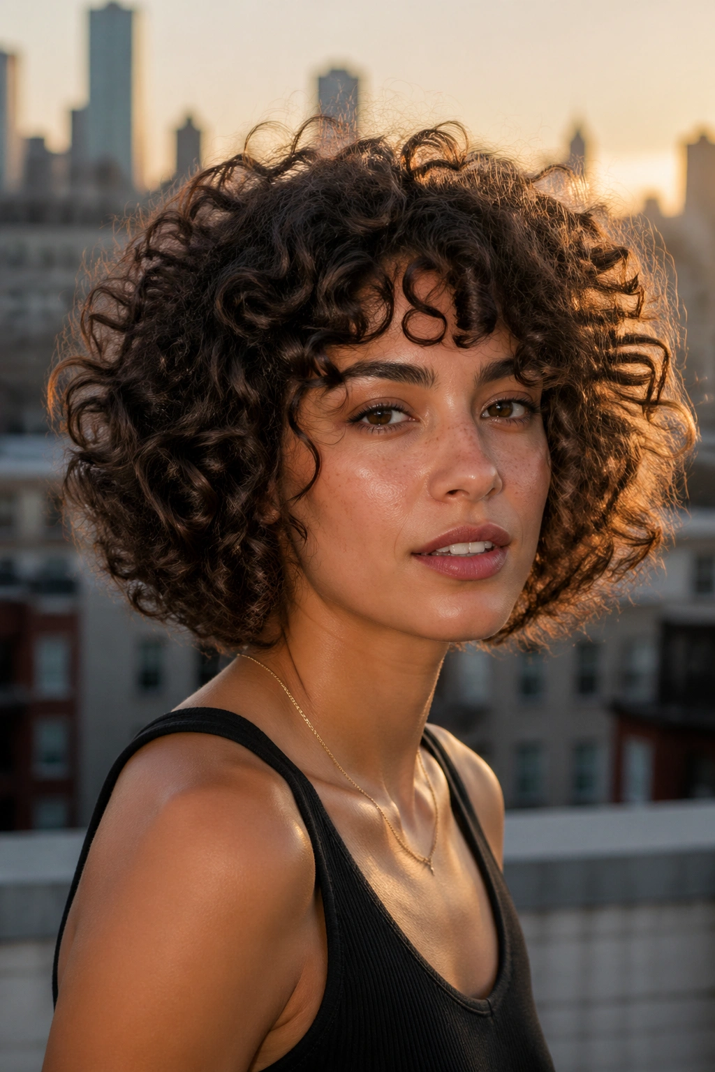 Close-up portrait of a real woman with thick deconstructed curly bob showing texture.