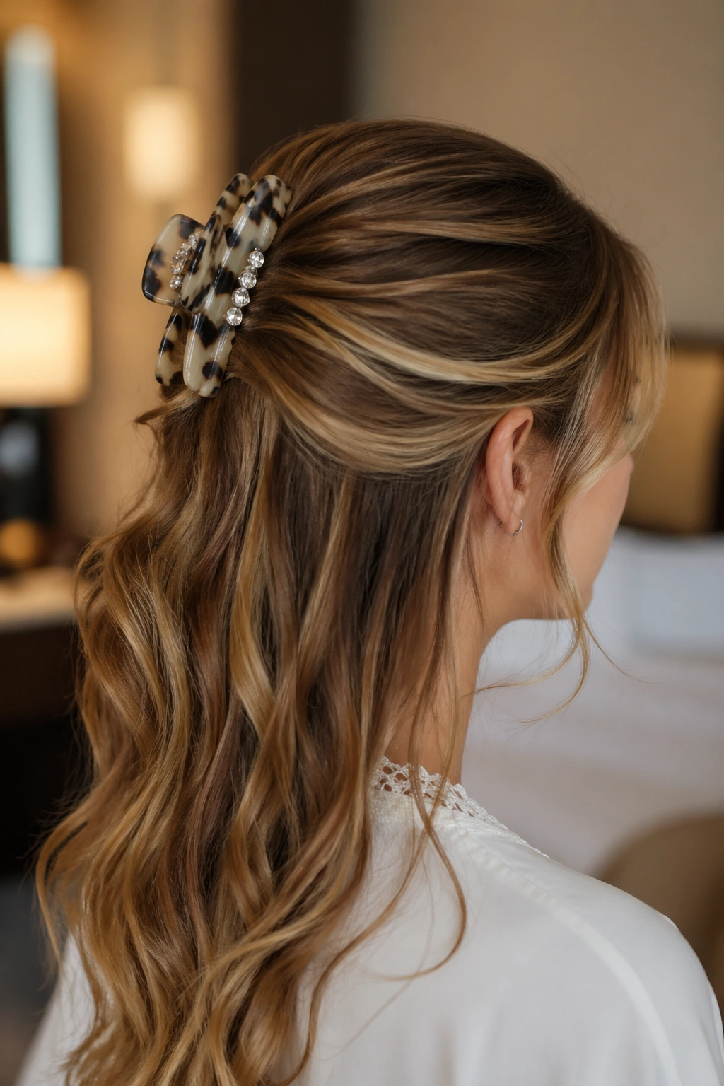Bride in half-up hairstyle secured with a large decorative clip.