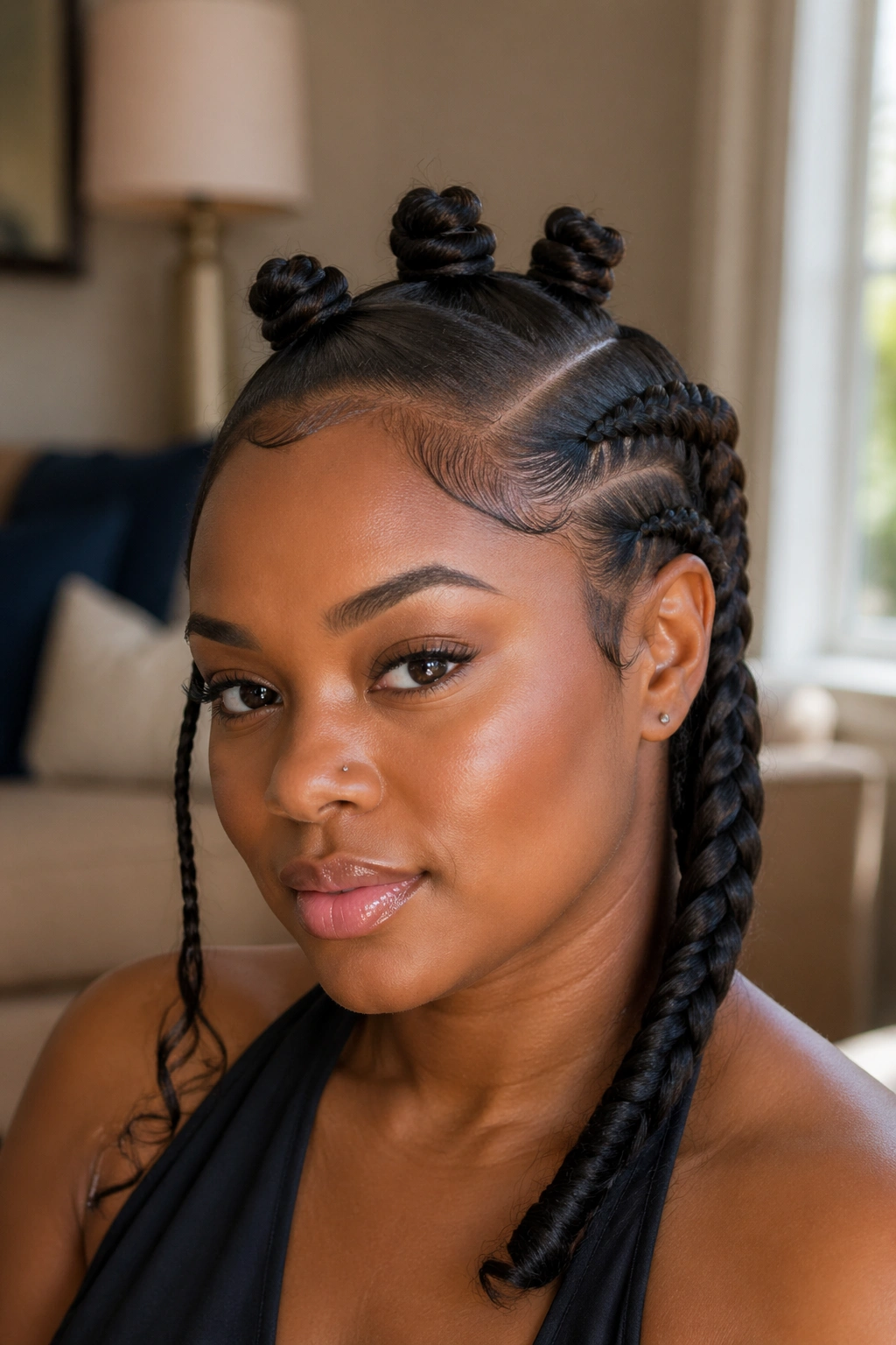 Close-up of deep side part with four mini knots on a real person, one side braid thicker.