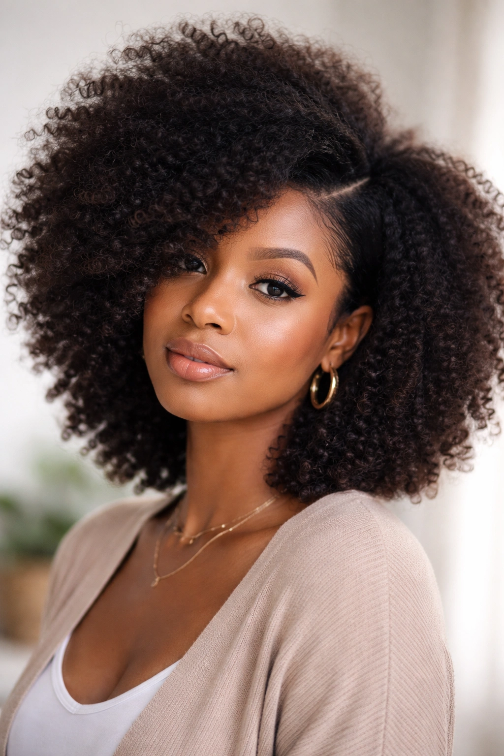 Deep side-part afro with pronounced volume on one side