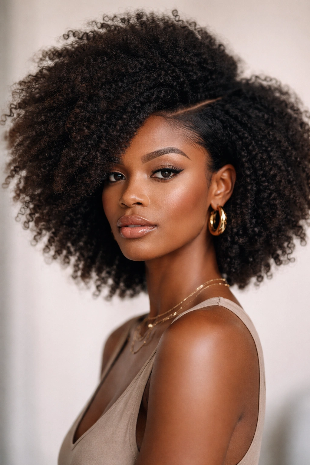 Afro with a deep side part creating an asymmetric silhouette.