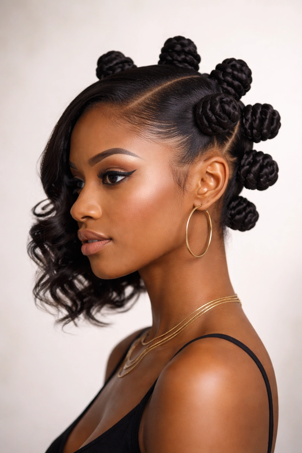 Profile view of a head with a deep side-part Bantu knots creating an asymmetrical silhouette