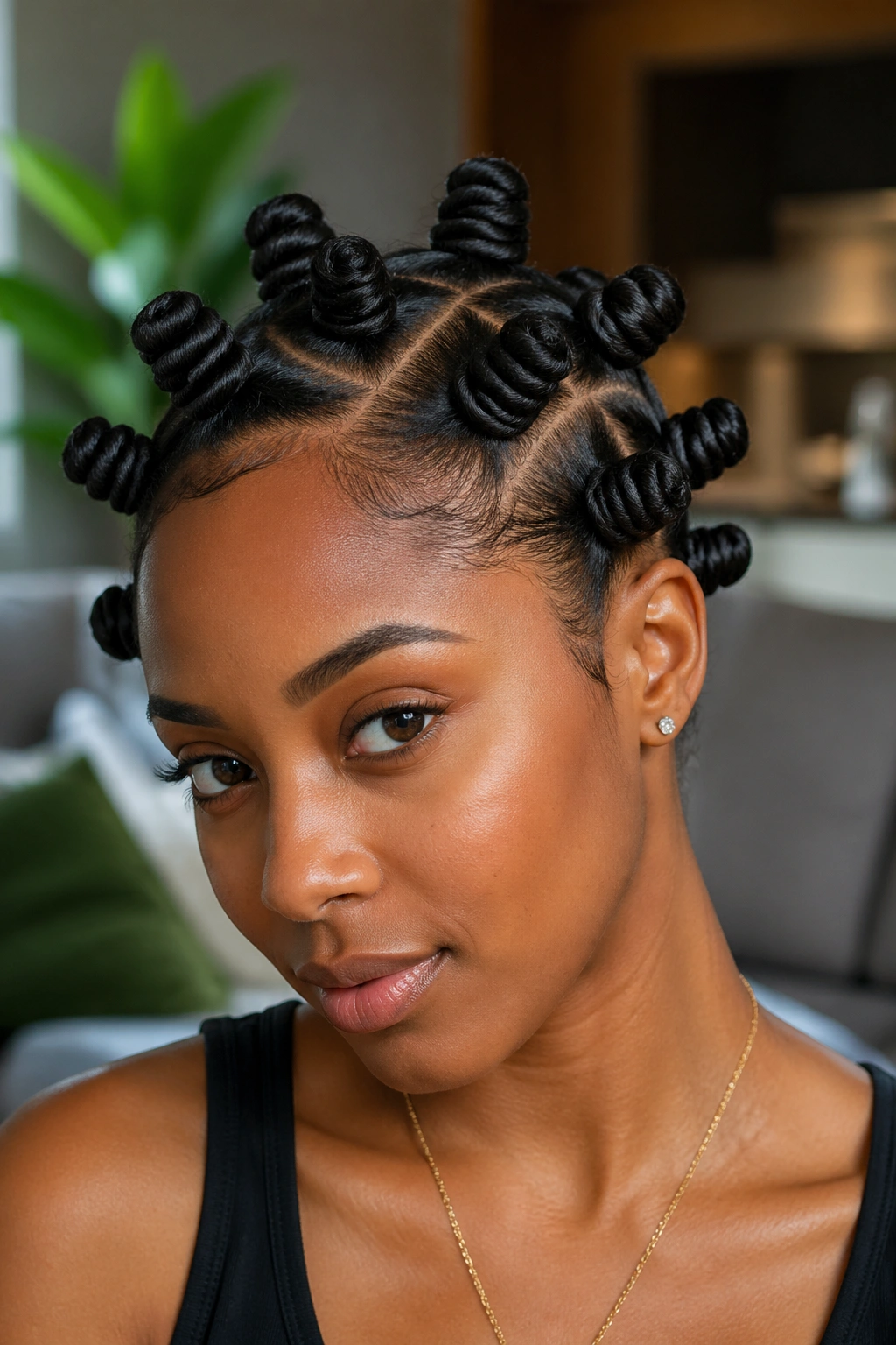 Close-up of a real person with a deep side-part and bantu knots framing the face