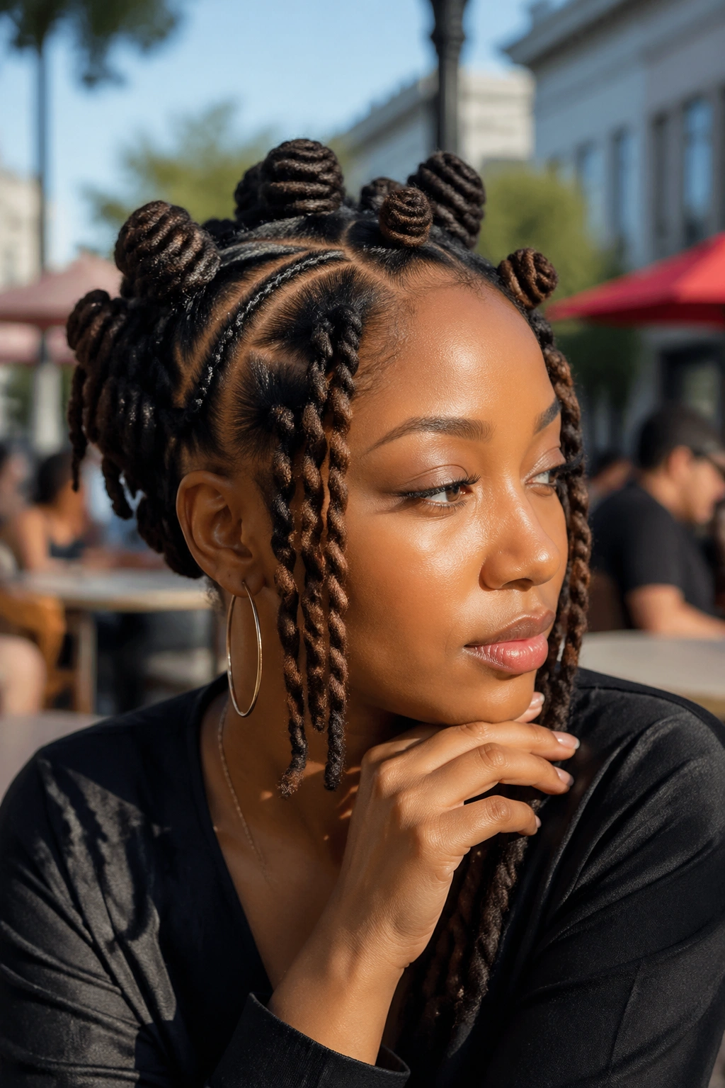 Close-up of a real person with deep side-part Bantu knots and face-framing lift.