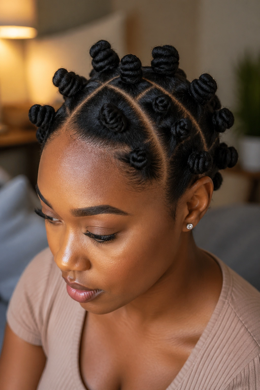 Close-up portrait of a real person with a deep side part and medium Bantu knots