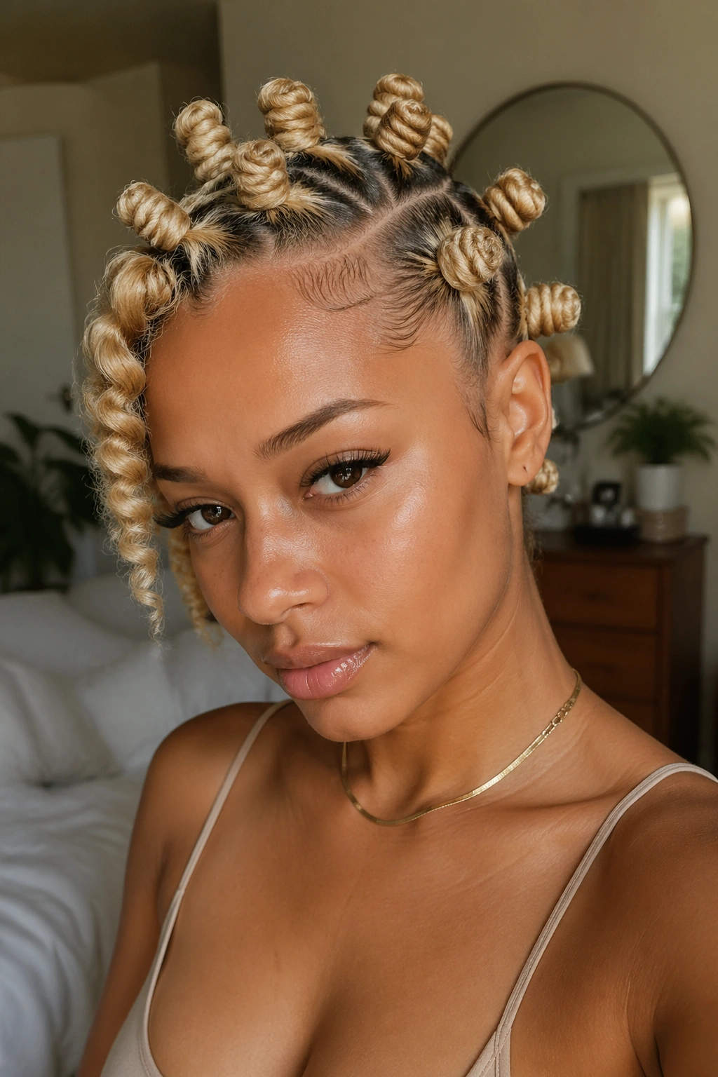 Close-up portrait of a real woman with a deep side-part and blonde Bantu knots dominating the frame