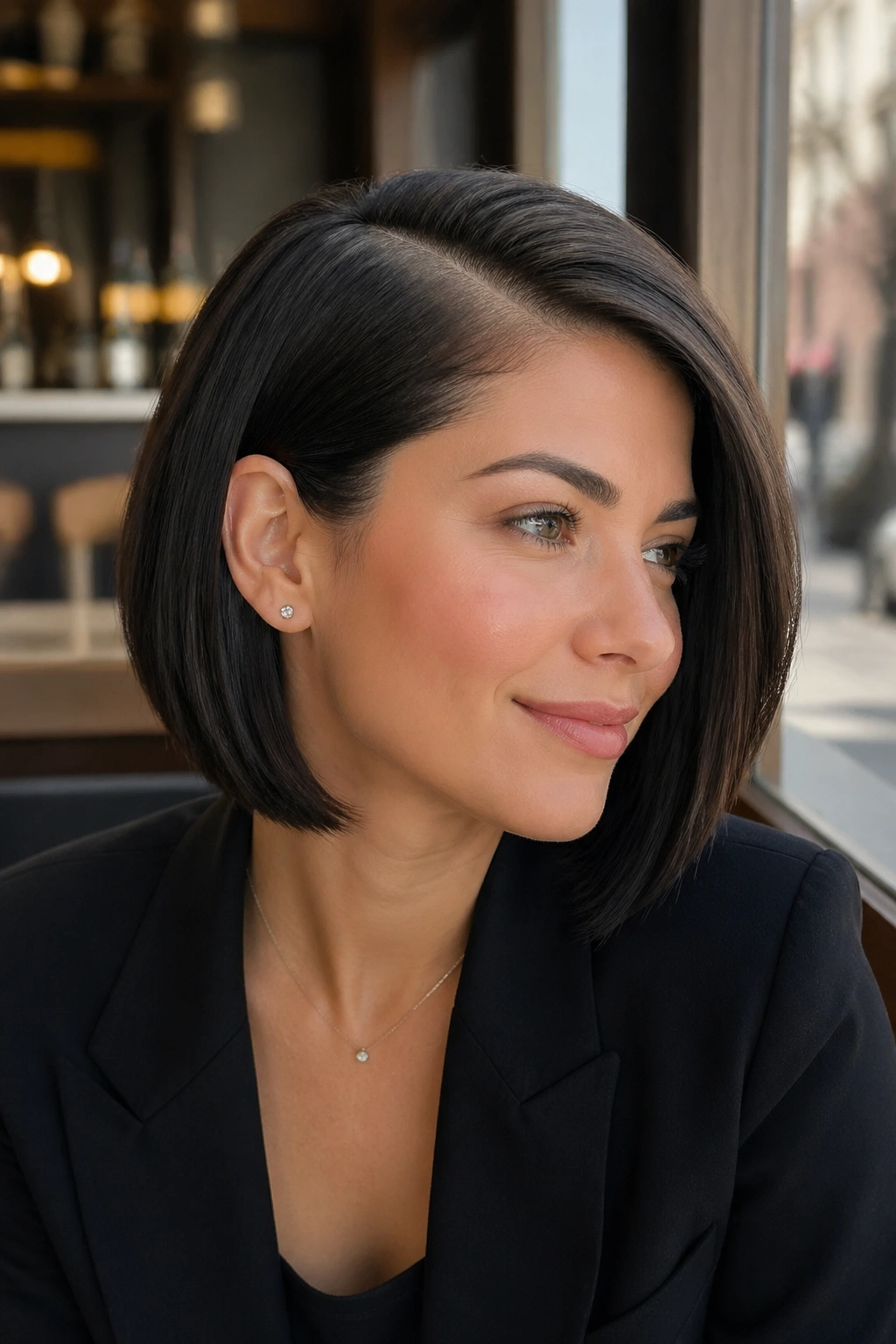 Close-up of a real woman with a deep side-part sleek bob at a cafe window