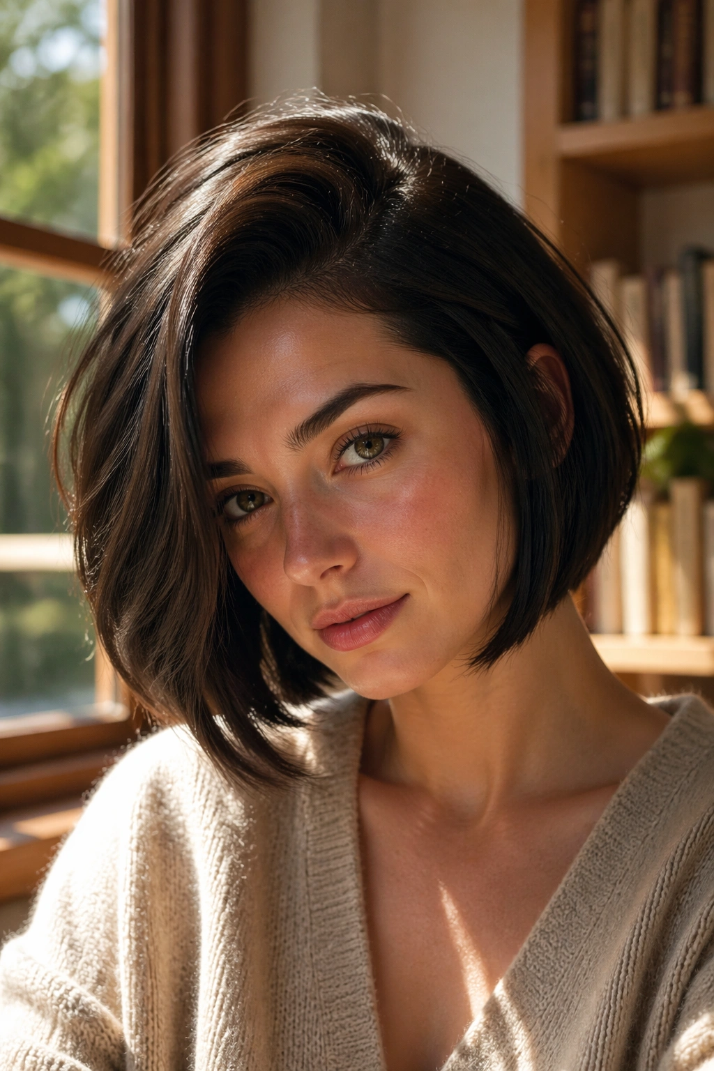Close-up portrait of a real woman with a deep side-part bob and crown lift