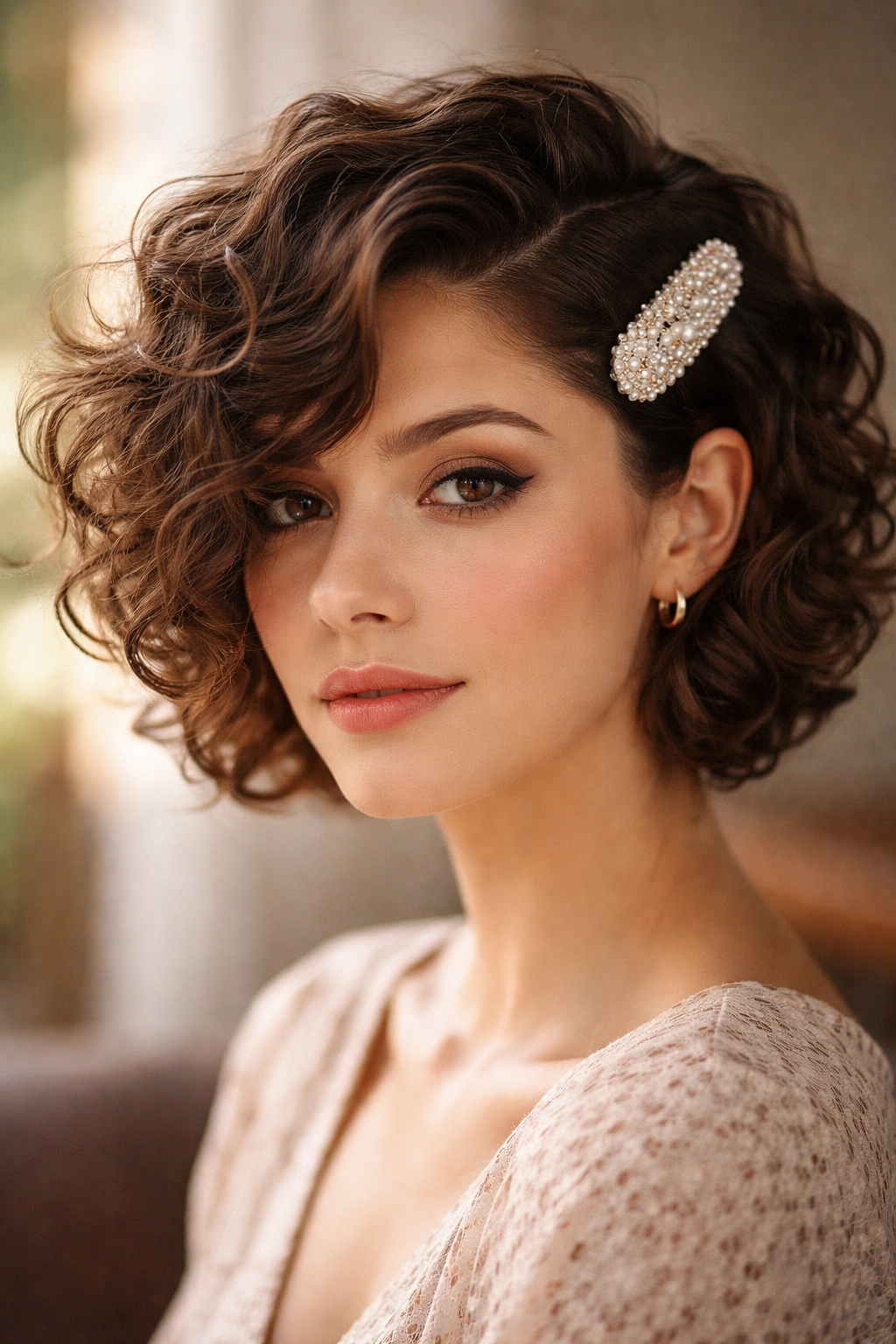 Short curly hair with a deep side part and a large clip