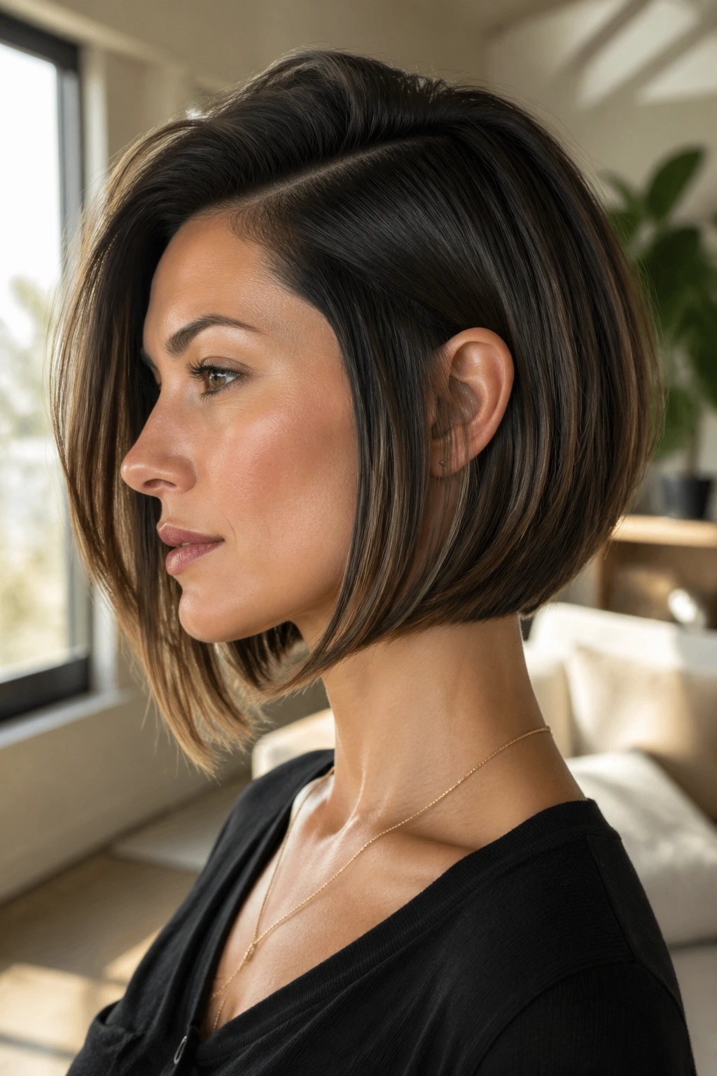 Close-up side-profile of a real woman with a deep side-part concave bob in natural window light