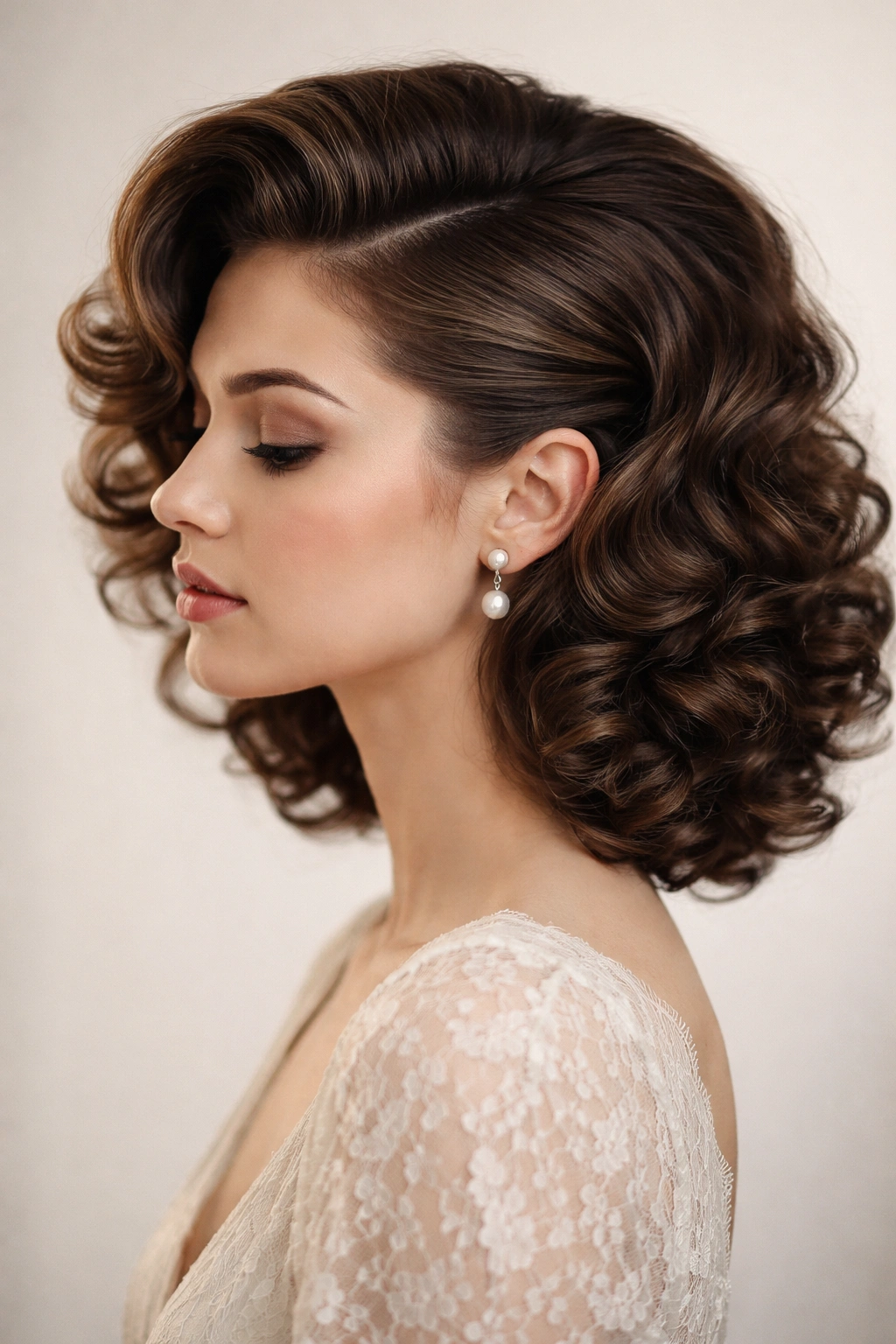 Side profile of deep side part with crown volume on curly hair