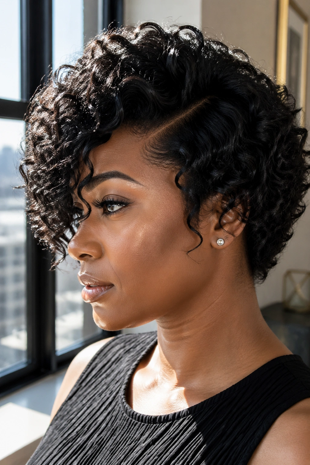 Close-up of a real person with a deep side part and crown volume in short curly crochet hair