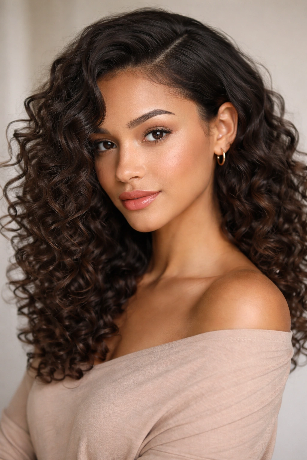 Close-up of a curly hairstyle with a deep side part and soft curls framing the face