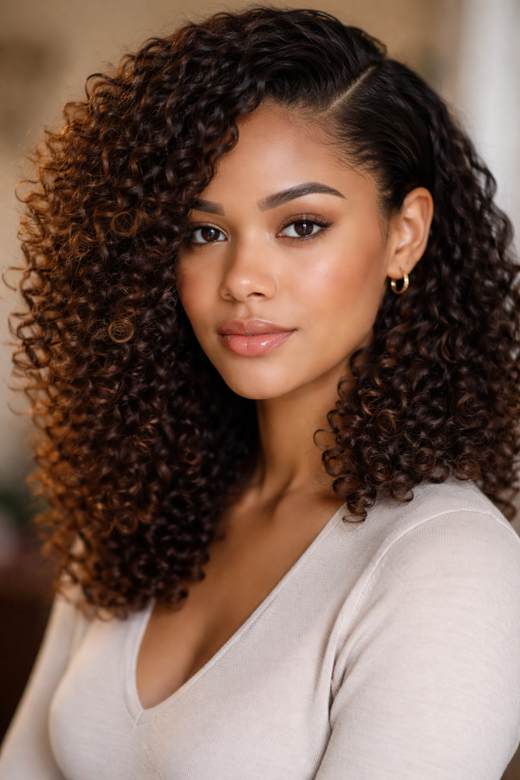 Deep side part with one-side tuck showing asymmetrical curls tucked behind the ear.